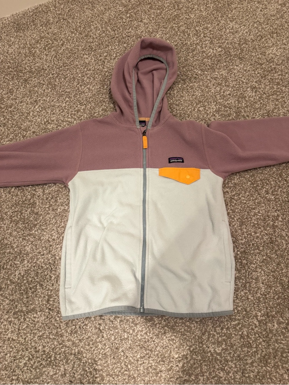 Patagonia Two-Tone Kids Fleece Hoodie - Mauve, Light Gray & Orange Accent